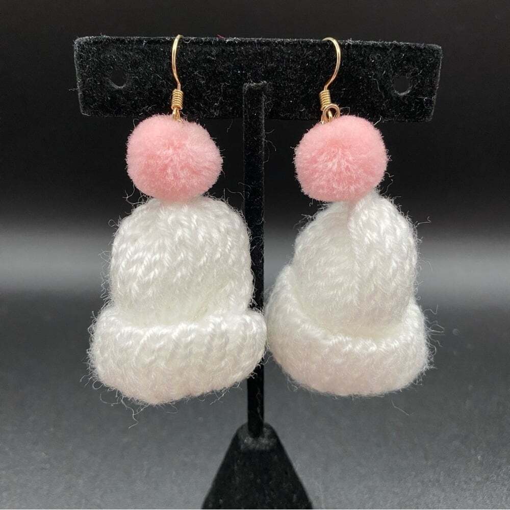 Hand knit White and Pink Winter Hat Toque Earrings